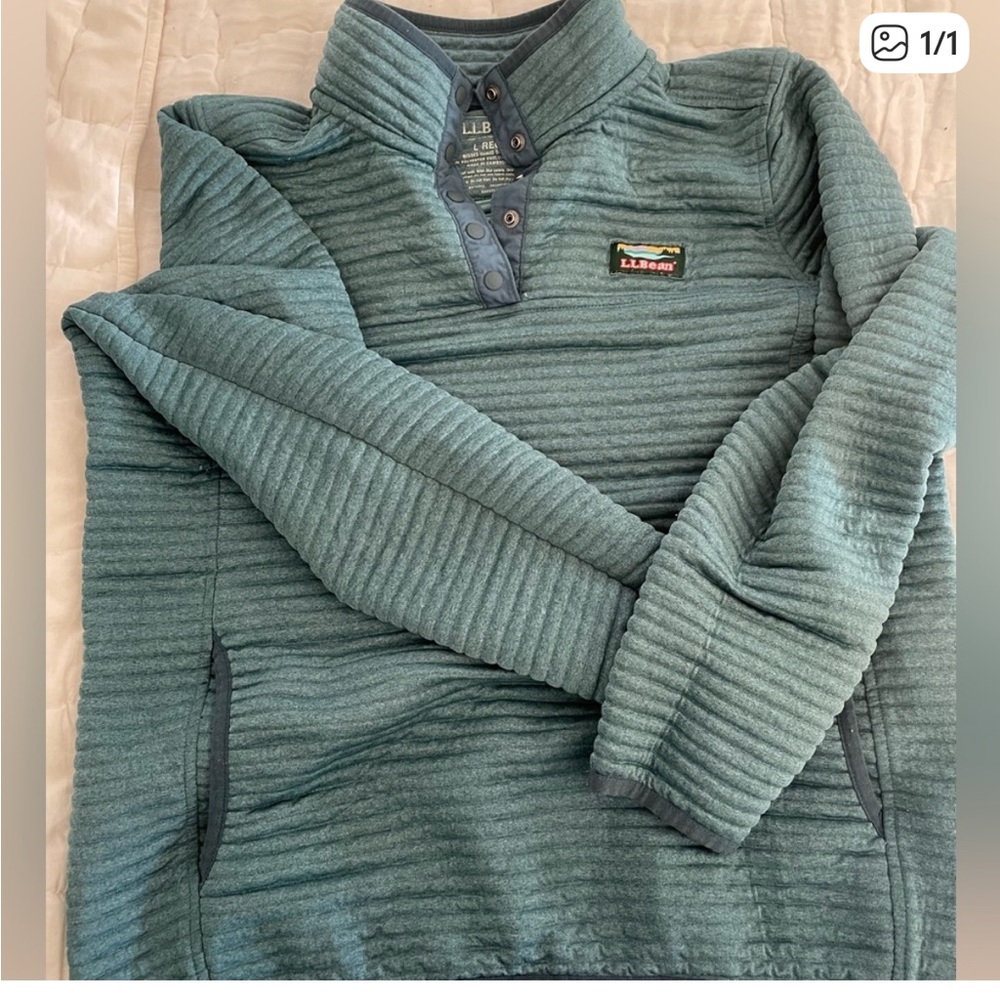 L.L. Bean Green Ribbed Quarter-Snap Pullover Sweater